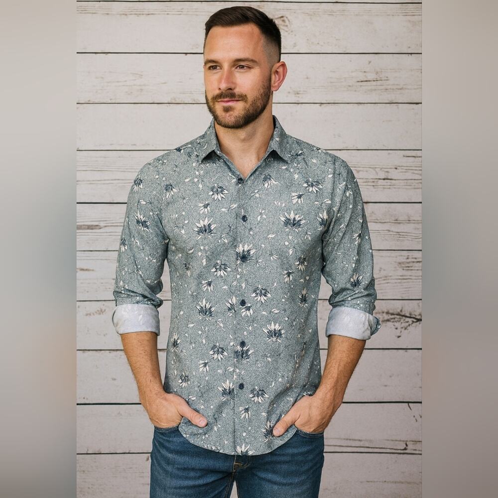 Consequence Blue & White Floral Patterned Men's Button Down Shirt SzXL #1553